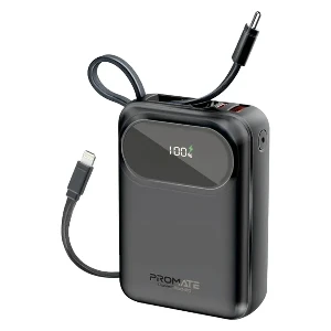 پاوربانک پرومیت مدل POWERPOD-20.BLACK به ظرفیت 20000 میلی‌آمپرساعت دارای کابل‌های داخلی USB-C و لایتنینگ