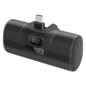 پاوربانک فوق کوچک پرومیت مدل POWERUP-C.BLACK به ظرفیت 5000 میلی‌آمپرساعت با کانکتور USB-C داخلی 