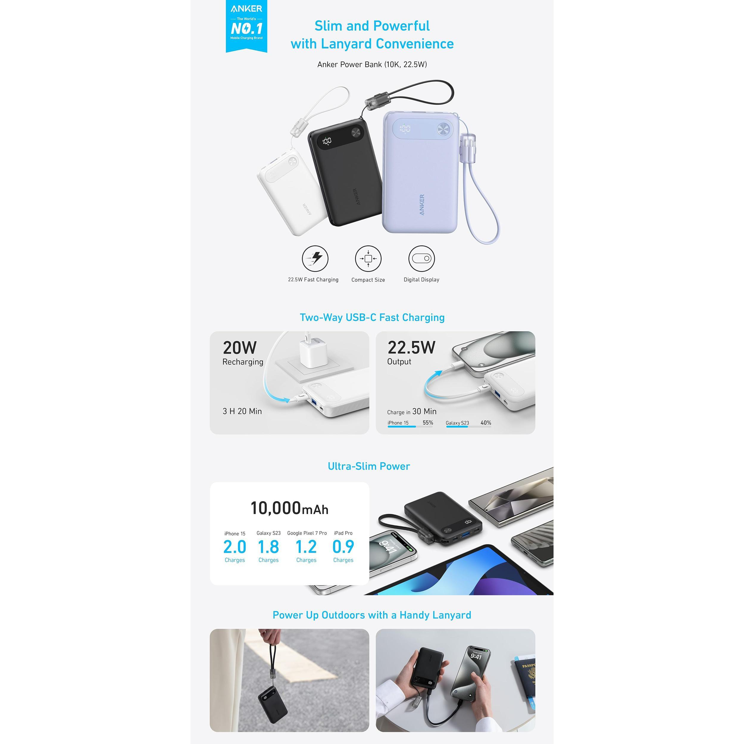 پاوربانک 22.5 وات انکر مدل A1257 ظرفیت 10000 میلی آمپر ساعت به همراه کابل USB-C